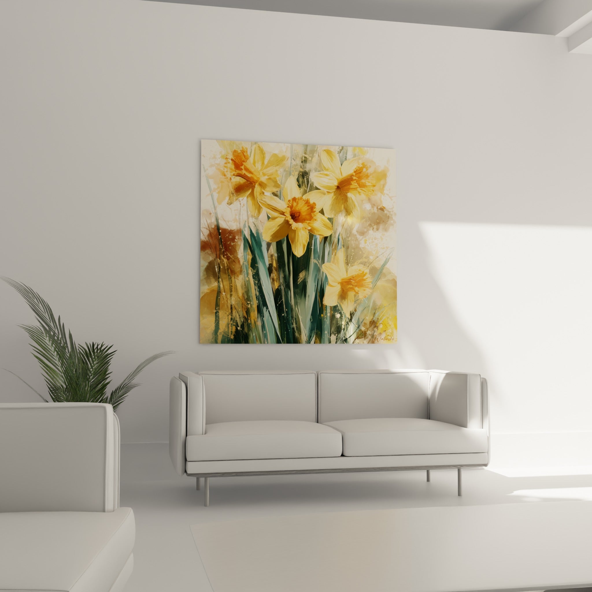 Fleurs de jonquille jaune vif et vert sauge disposées au-dessus d'un canapé dans un salon lumineux