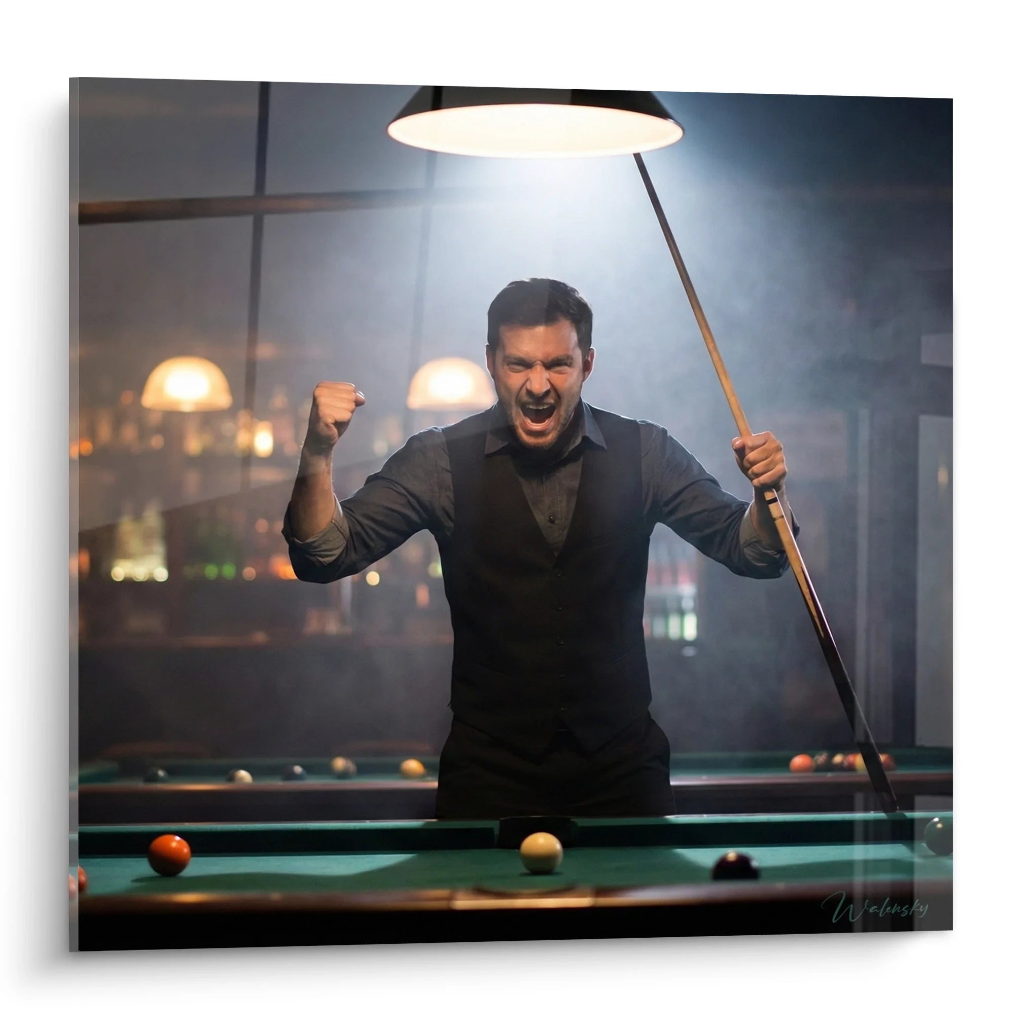 Tableau joueur billard victoire poing levé queue billard décoration murale sport précision