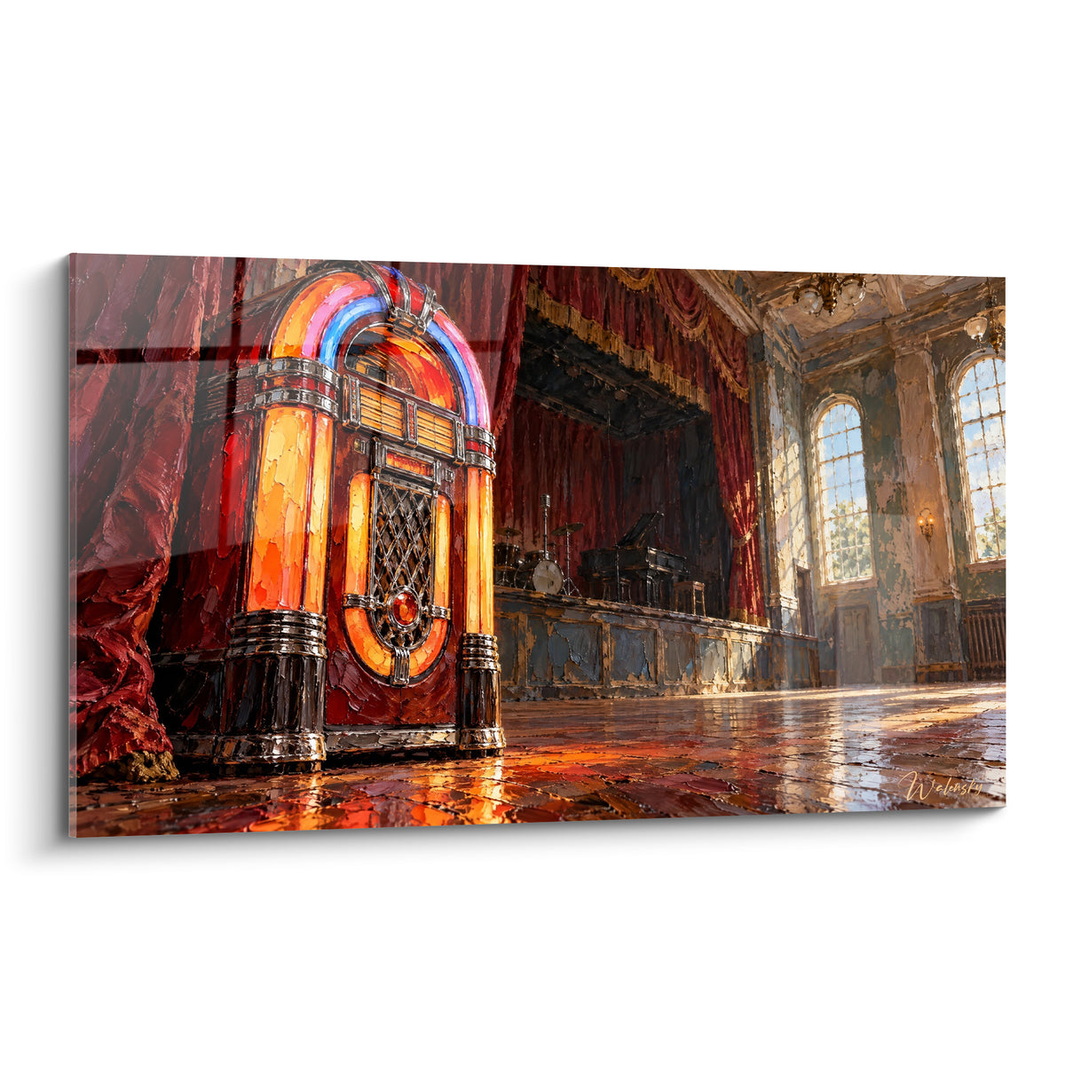 Tableau jukebox ambré aux arches violettes et bleu électrique dans une salle de bal dorée