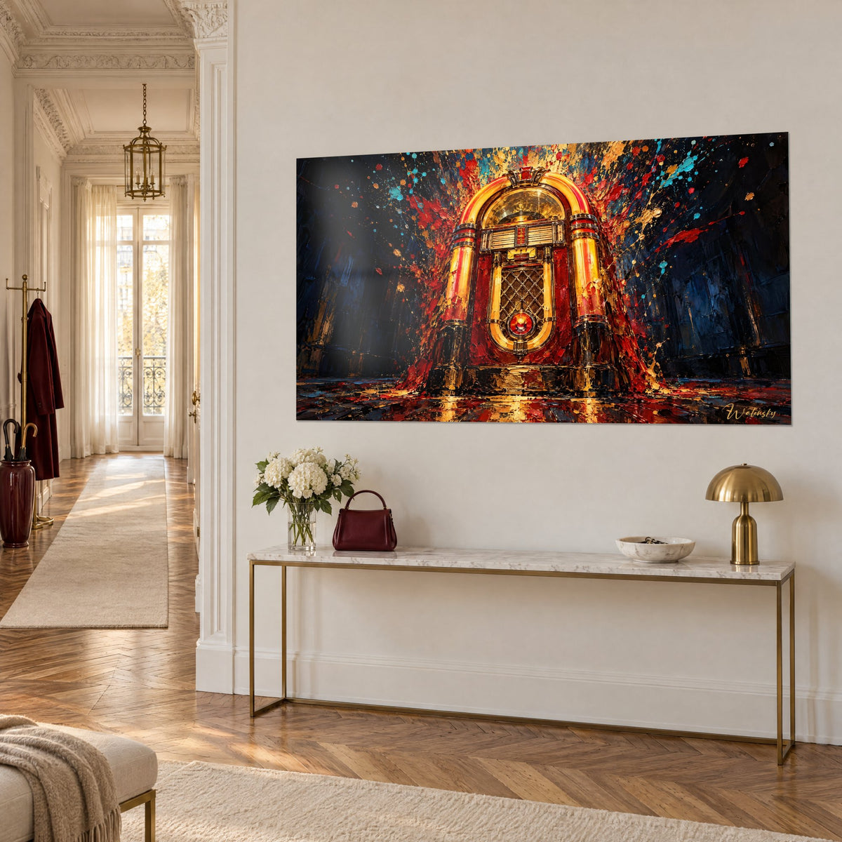 Tableau borne musicale aux arches ambrées et gouttes turquoise sur fond bleu nuit, vue de biais, au-dessus d'une console dorée