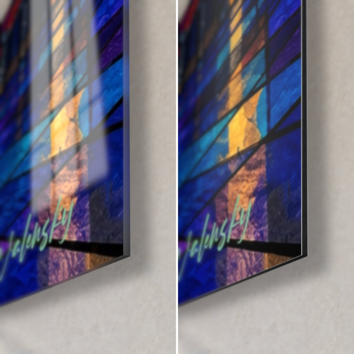 Tableau vitrail de juke-box, coin bas droit : verre brillant reflétant l'ambre à gauche, Dibond mat à droite, tranche noire de 3 mm