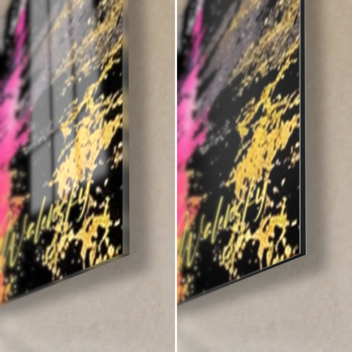 Tableau juke-box rose et jaune, coin bas droit : verre acrylique brillant aux reflets d'or, alu Dibond noir mat, tranche de 3 mm