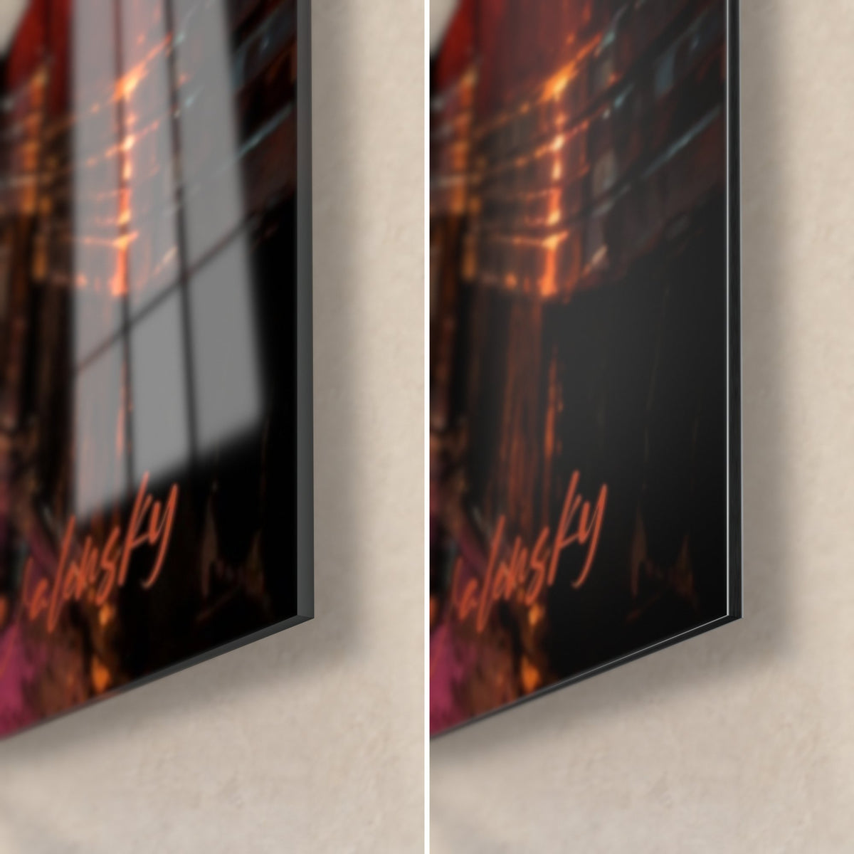 Tableau juke-box néon orange et rose, coin bas droit : verre acrylique brillant à gauche, alu Dibond mat à droite, tranche de 3 mm