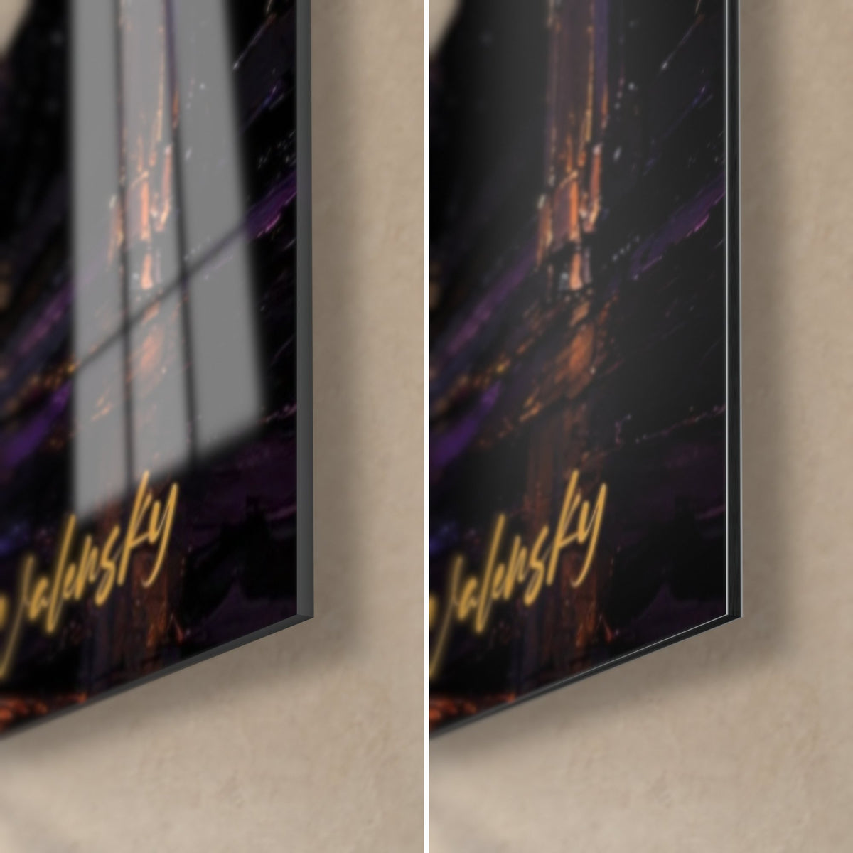 Tableau jukebox doré, coin bas droit : verre acrylique brillant aux reflets de fenêtre, Dibond noir mat et tranche fine de 3 mm