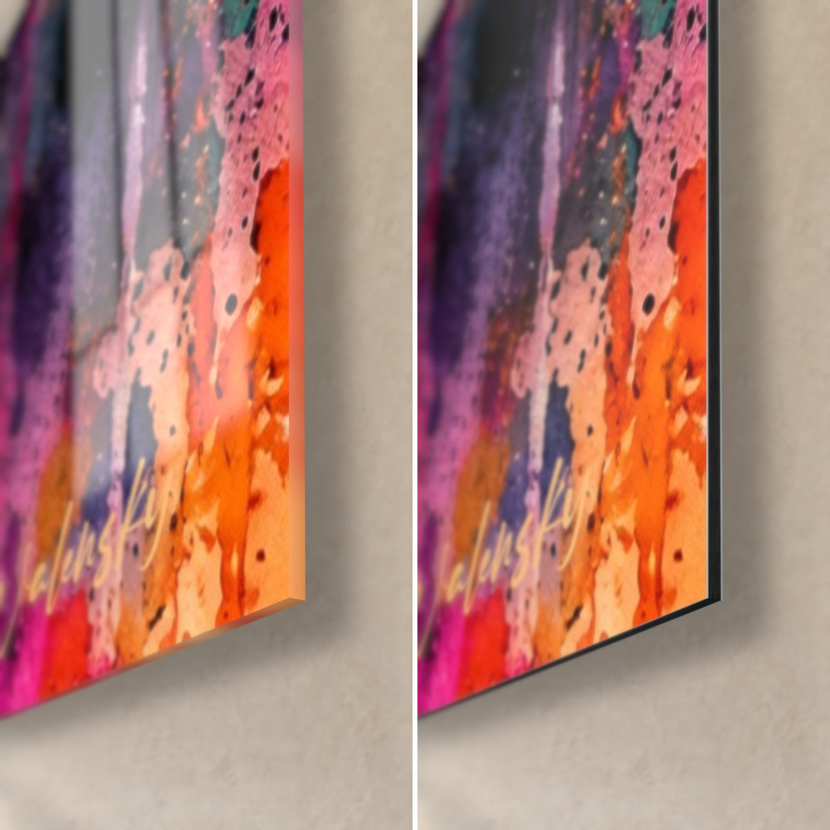 Tableau juke-box en aquarelle, coin bas droit : verre brillant à gauche, Dibond mat à droite, taches orange et roses, tranche 3 mm