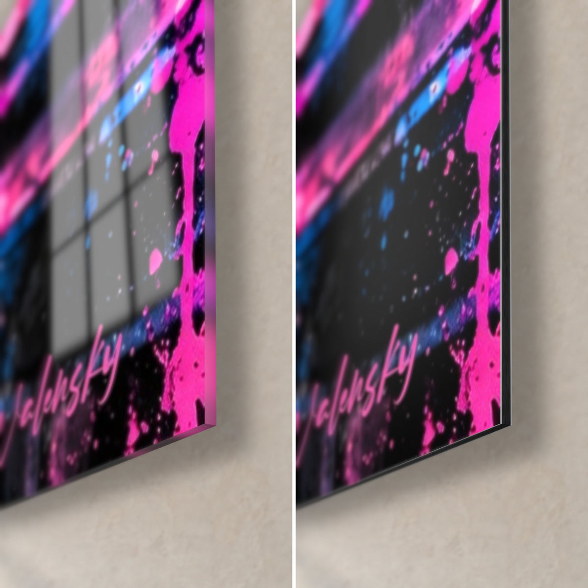 Tableau machine à disques, coin bas droit : verre acrylique brillant à gauche, alu Dibond noir mat à droite, éclaboussures roses