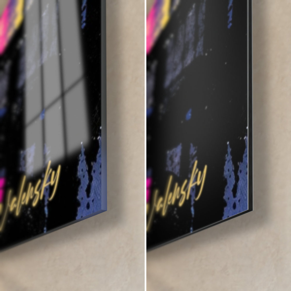 Tableau jukebox aux éclats rose et jaune, coin bas droit : verre brillant à gauche, Dibond noir mat à droite, tranche fine