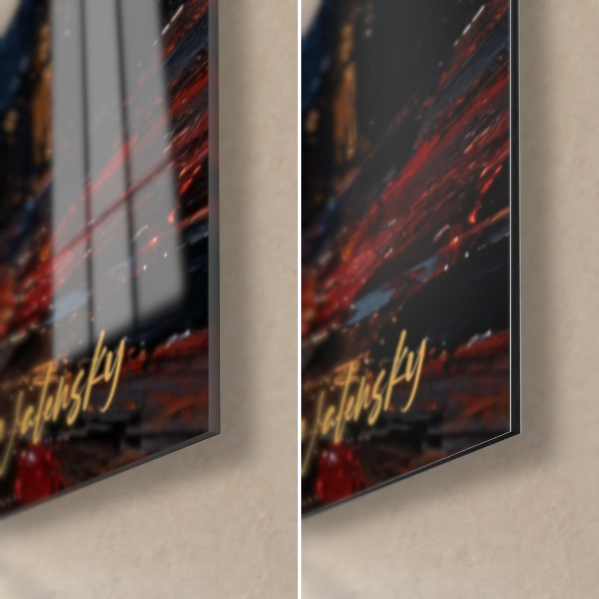 Tableau jukebox doré et rouge, coin bas droit : verre brillant à gauche, Dibond mat à droite, tranche de 3 mm et signature dorée