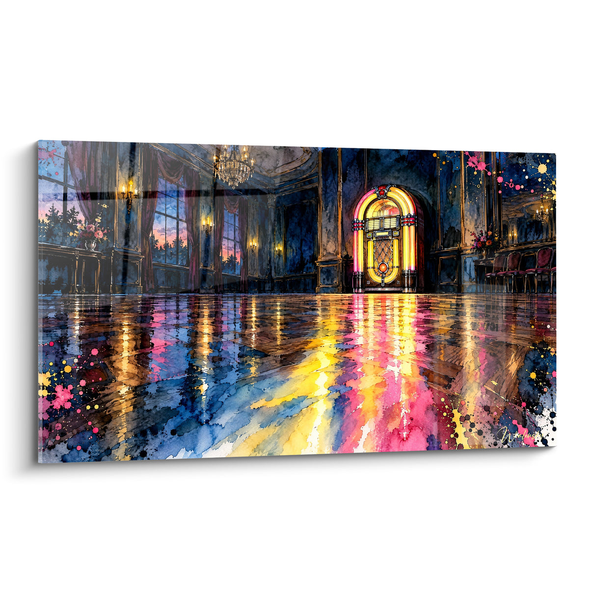 Tableau Jukebox doré éclairant une salle de bal bleu marine aux reflets roses sur parquet verni