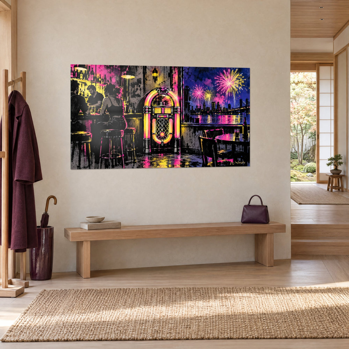 Tableau juke-box rétro cerné de lumière dorée, comptoir de bar noir et ciel violet piqué de rose, dans une entrée japandi