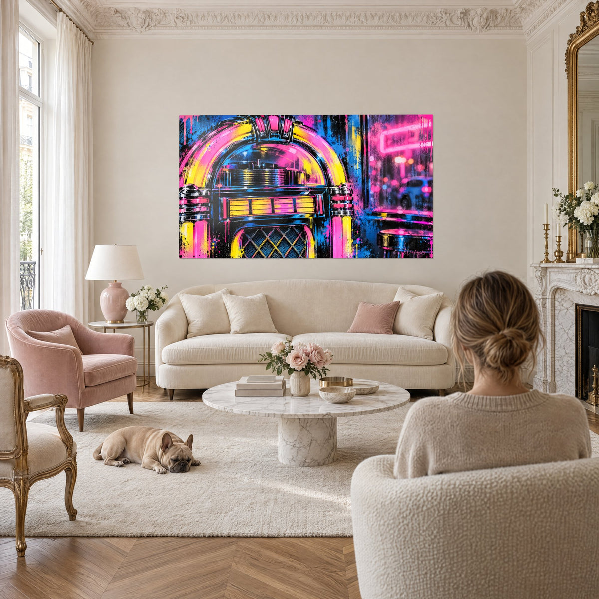 Tableau jukebox rétro aux néons rose et jaune, coulures d'encre sur fond bleu nuit, au-dessus d'un canapé dans un salon lumineux