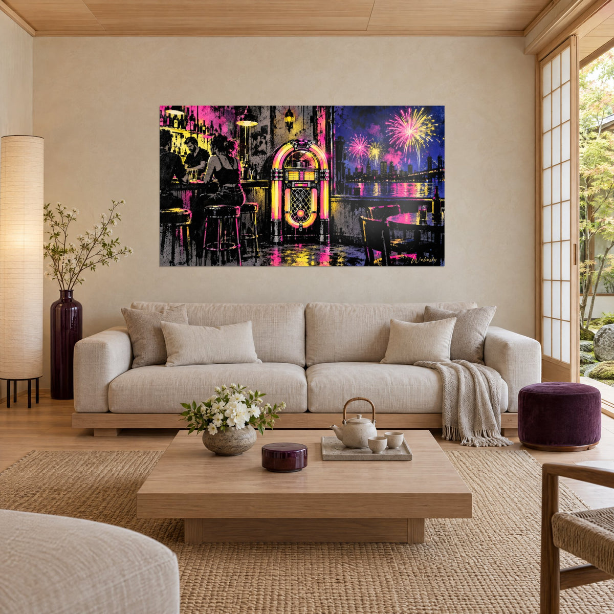 Tableau jukebox doré aux néons rose et jaune, feux d'artifice sur la ville, au-dessus d'un canapé dans un salon lumineux
