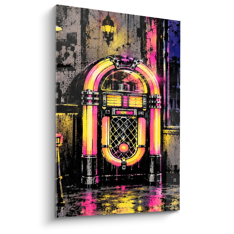 Tableau Jukebox rose et jaune sous lanterne murale - Réverbère mural allumé - Edition Jukebox