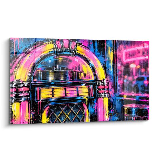 Tableau Jukebox rose et jaune aux coulures d'encre - Nuit électrique - Edition Jukebox