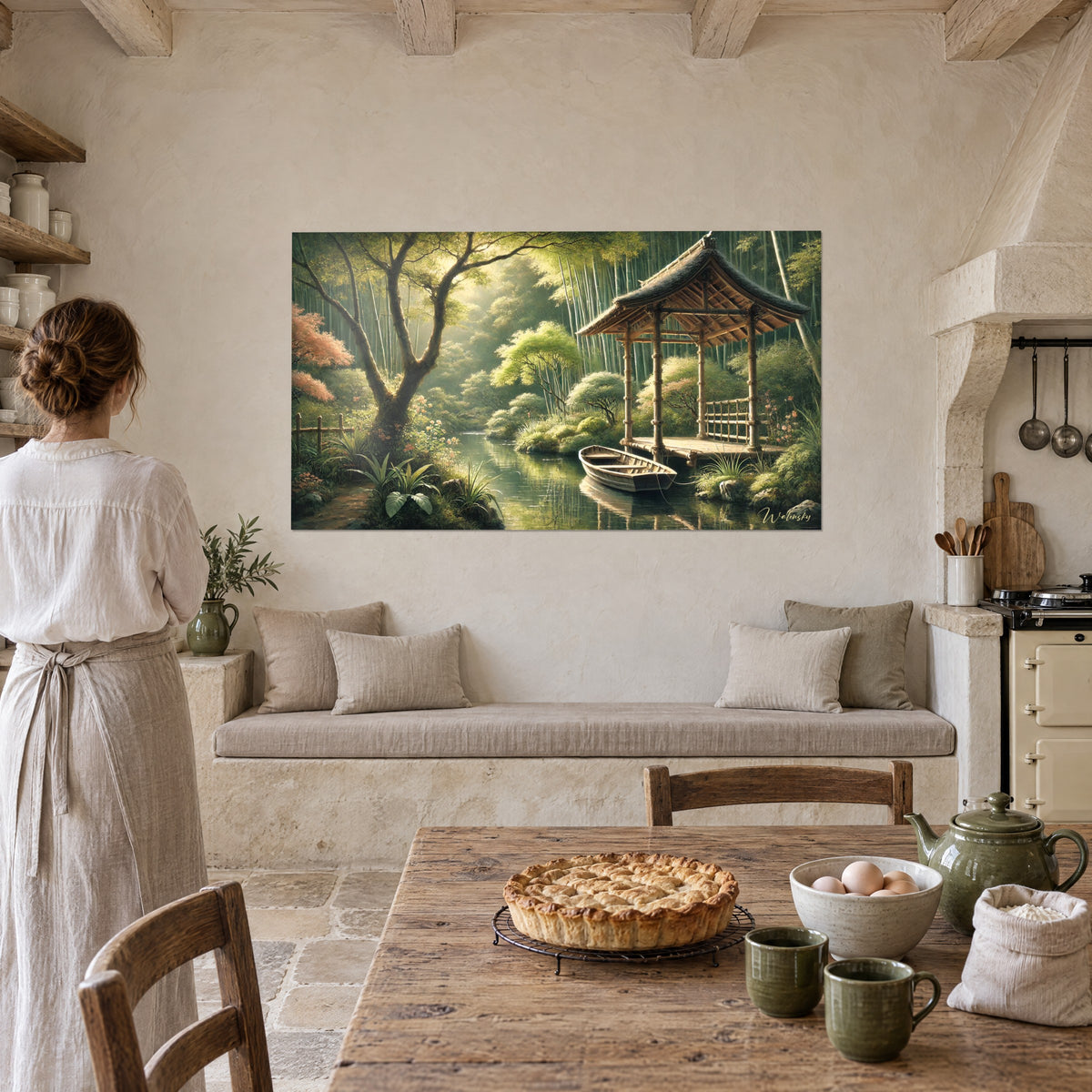 Cuadro jardín zen junto al agua, muelle de madera y ramas en flor coral, silueta de espaldas junto a una mesa de cocina rústica