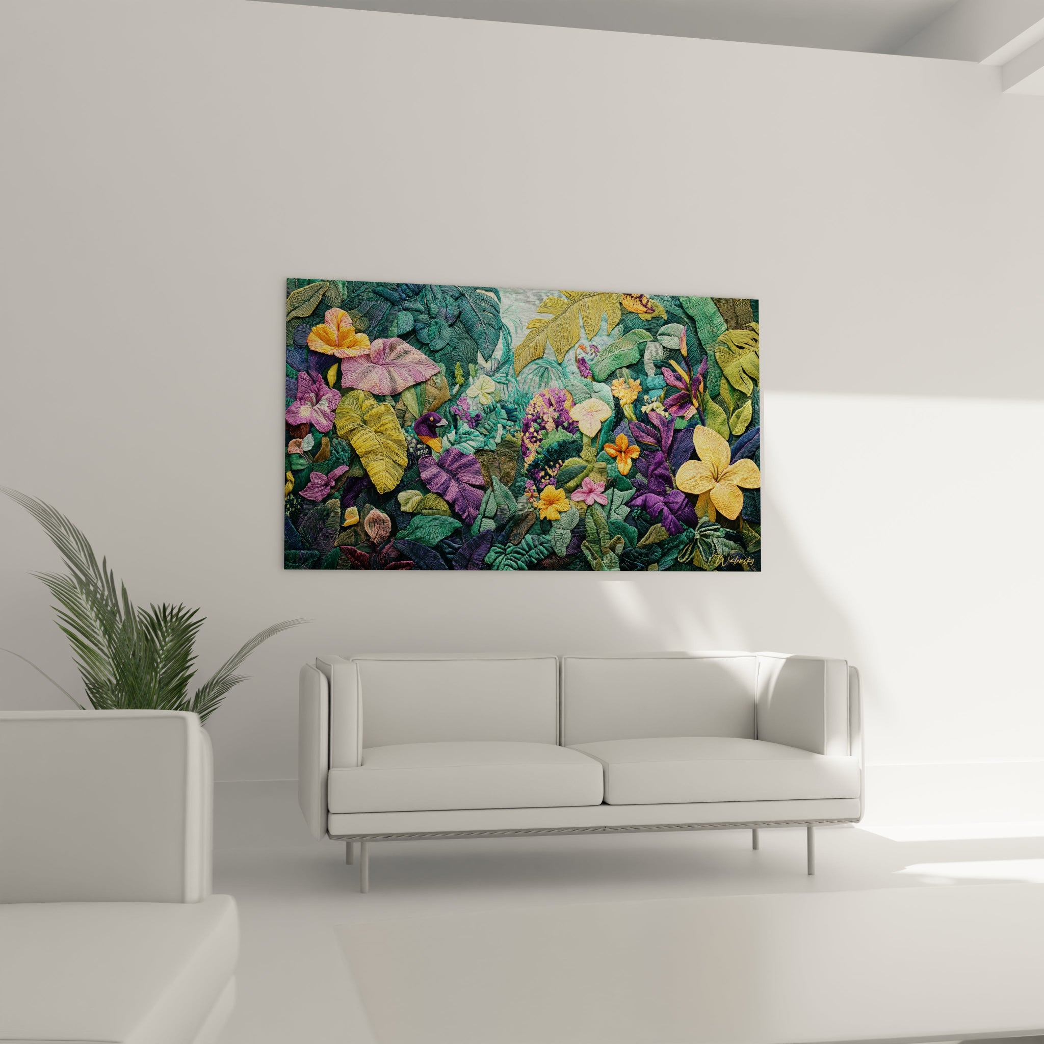 Un tableau tropical en broderie détaillant un écosystème jungle avec une riche palette de verts, violets et jaunes, où chaque élément végétal est méticuleusement façonné par des points de fil créant un effet tridimensionnel saisissant.

