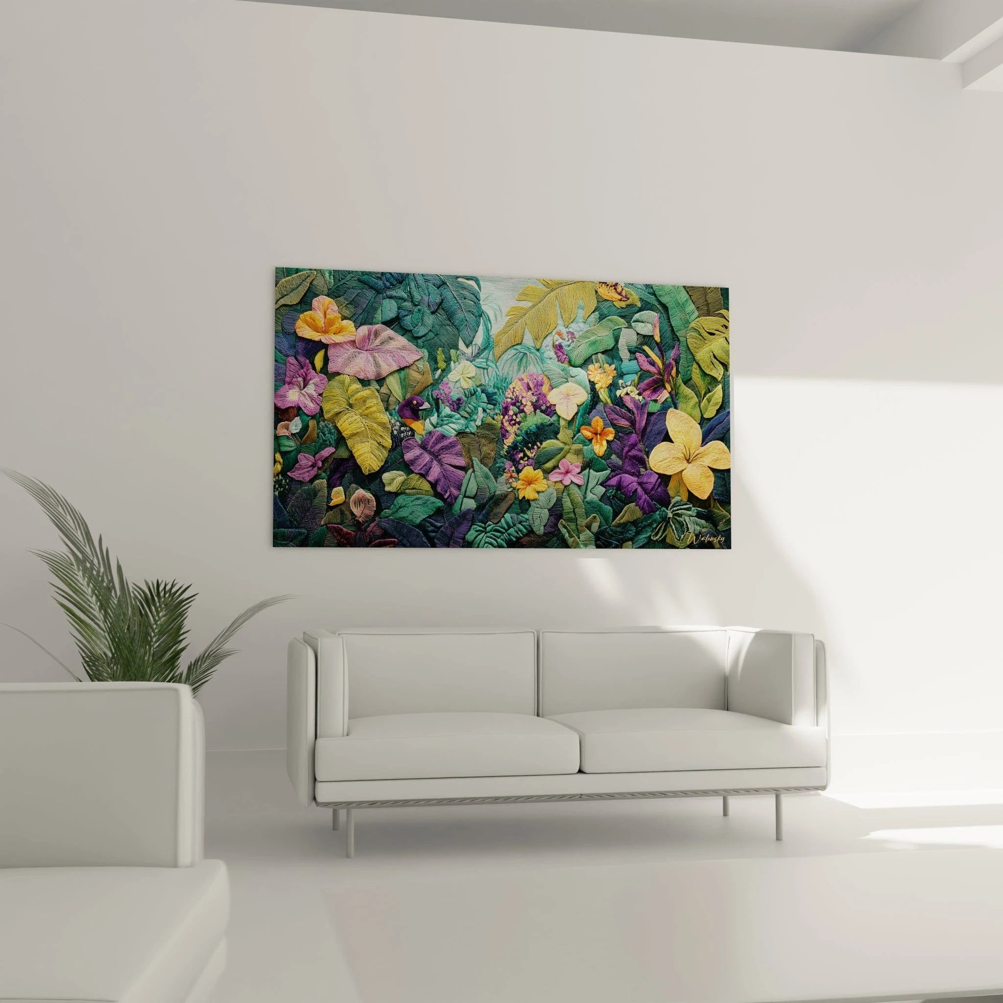 Un tableau tropical en broderie détaillant un écosystème jungle avec une riche palette de verts, violets et jaunes, où chaque élément végétal est méticuleusement façonné par des points de fil créant un effet tridimensionnel saisissant.
