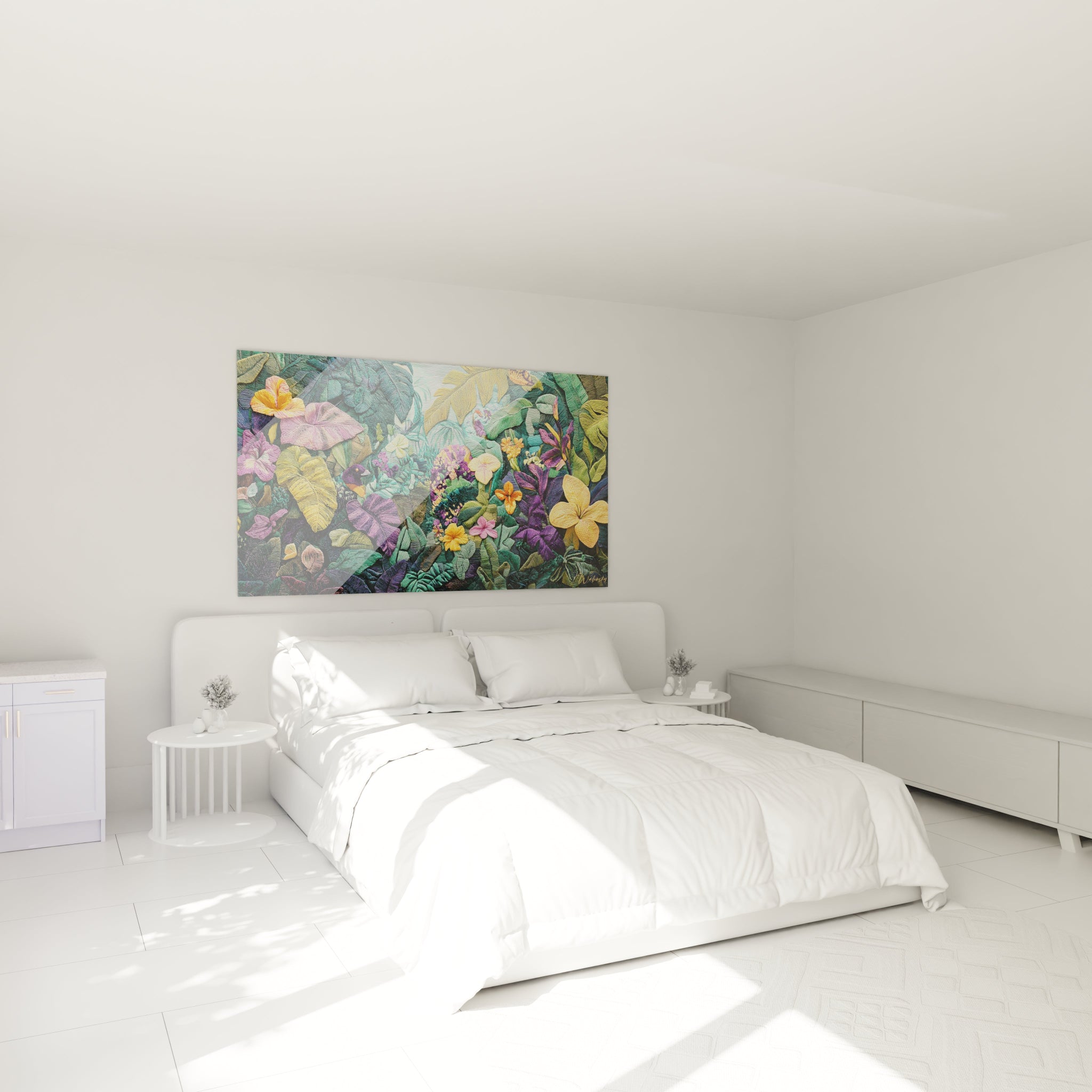 Un tableau tropical texturé montrant une composition foisonnante de végétation exotique où se cache un oiseau violet et orange, avec des fils brodés multicolores formant un paysage dense de feuilles vertes et de fleurs aux couleurs vives.
