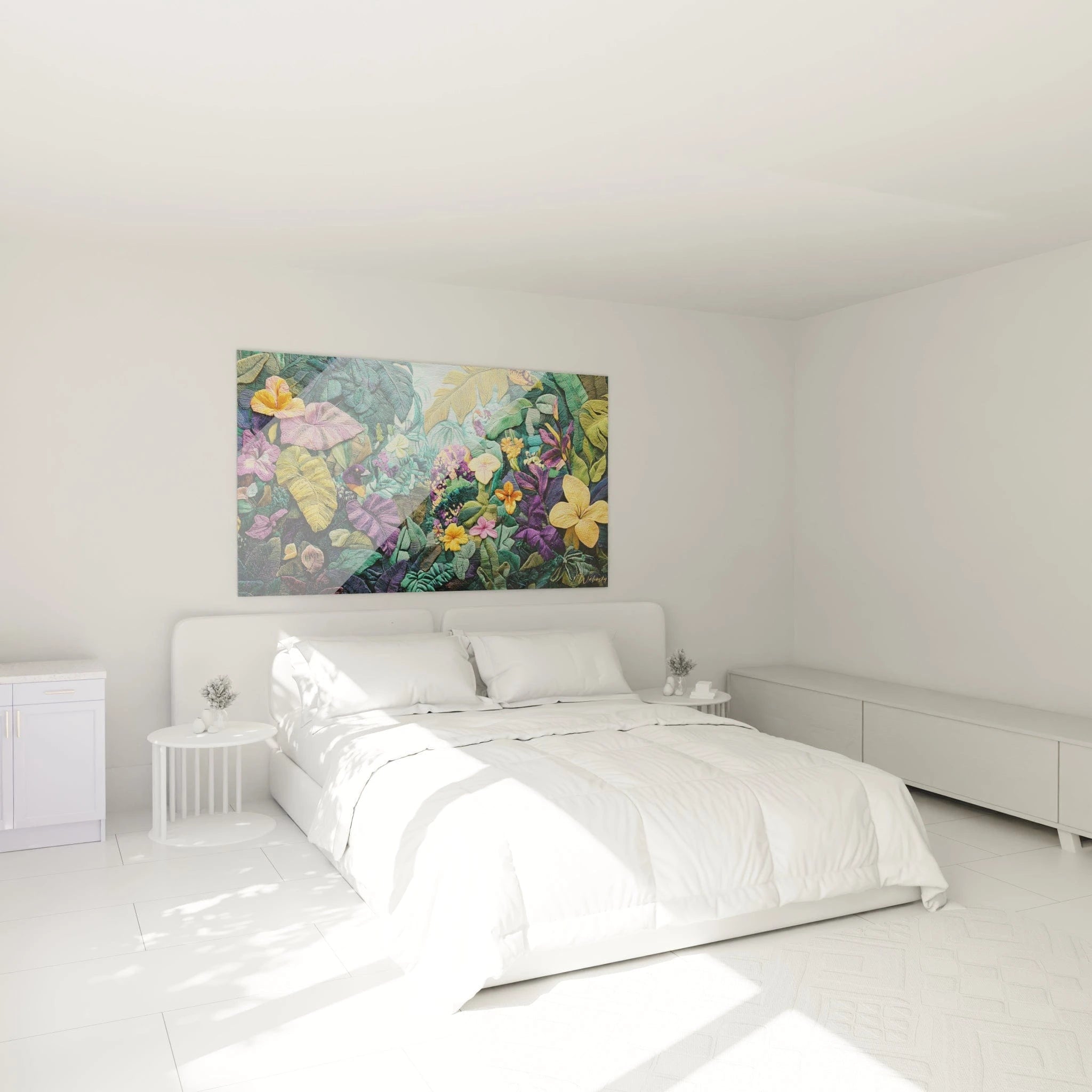 Un tableau tropical texturé montrant une composition foisonnante de végétation exotique où se cache un oiseau violet et orange, avec des fils brodés multicolores formant un paysage dense de feuilles vertes et de fleurs aux couleurs vives.
