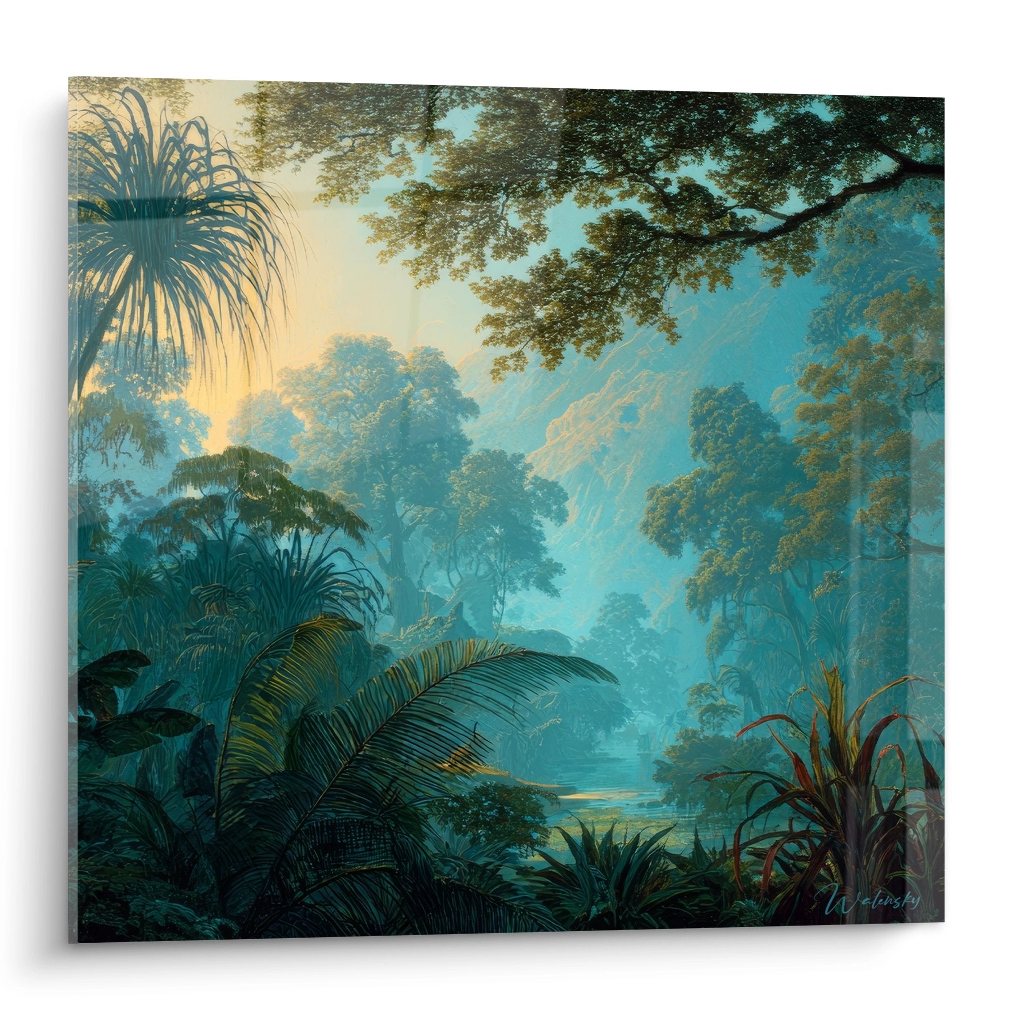 Tableau jungle tropical avec palmiers et lumière dorée filtrant à travers la canopée luxuriante