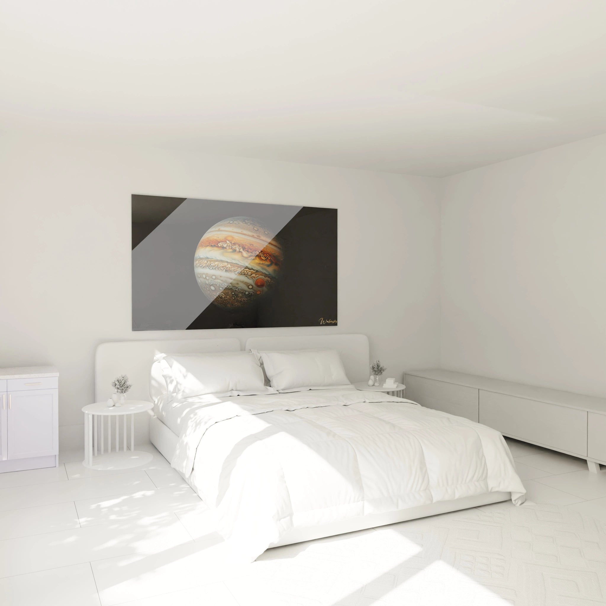 Un tableau espace illustrant une sphère céleste aux nuances contrastées d’orange et de blanc, avec des textures fluides évoquant des formations gazeuses et des zones plus sombres accentuant le relief.

