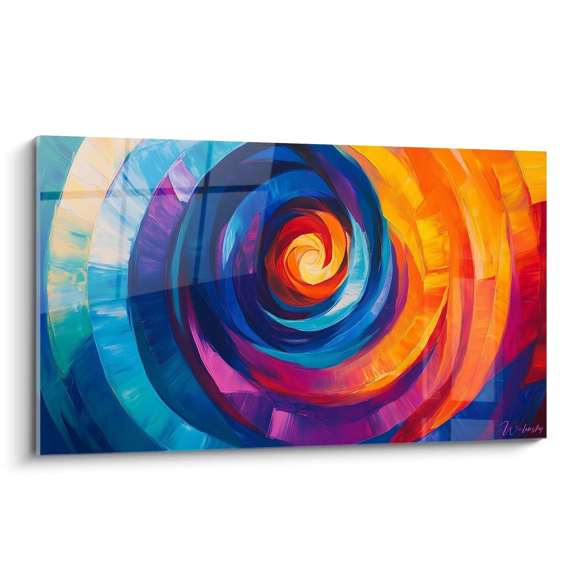 Un tableau abstrait spirale vibrant avec des cercles concentriques multicolores, dominé par des bleus profonds, oranges éclatants et violets intenses. Les coups de pinceau dynamiques créent un effet de mouvement rotatif et de profondeur infinie.
