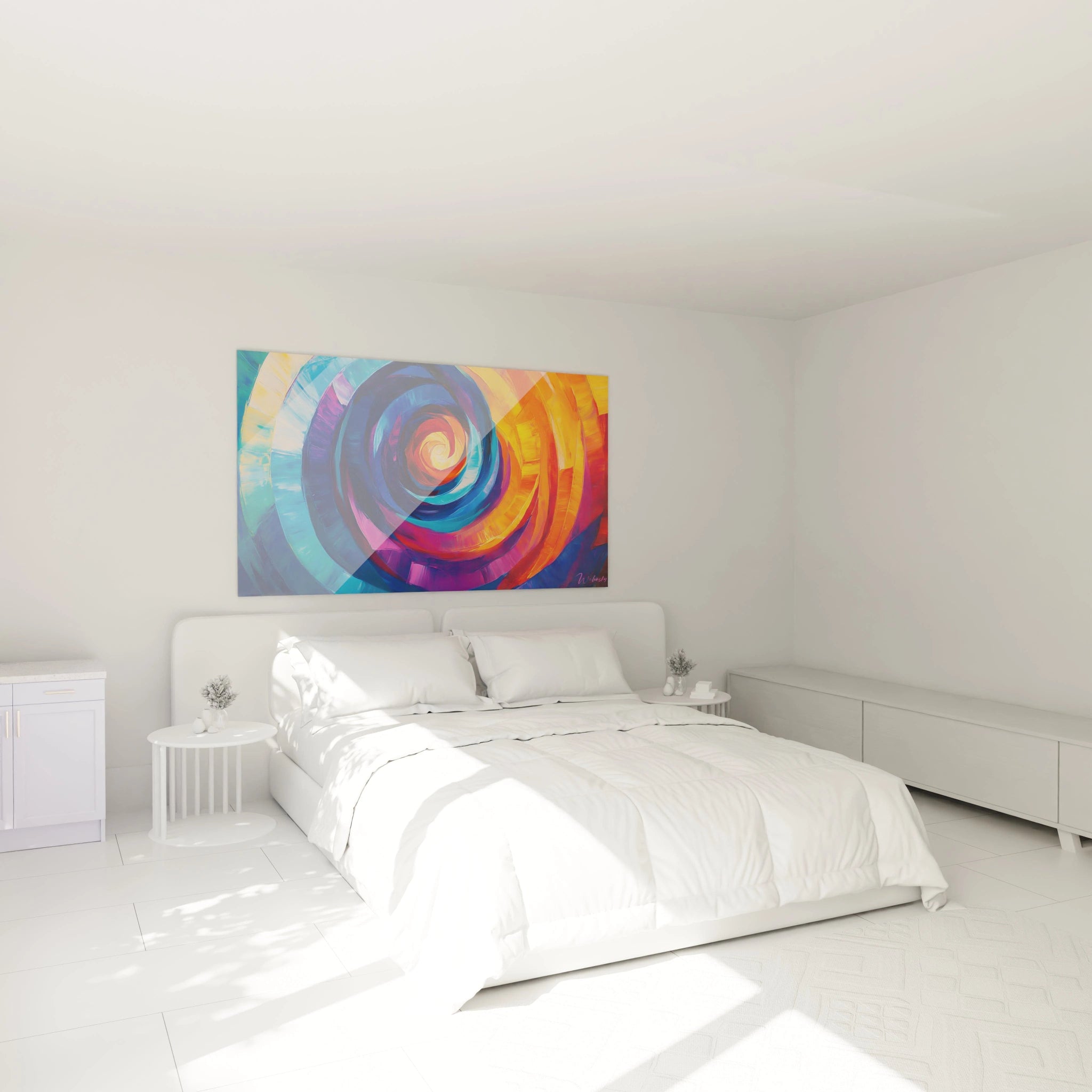 Un tableau abstrait spirale coloré montrant un tourbillon de teintes vives formant un vortex hypnotique. Les transitions fluides entre bleu, orange, violet et rouge créent un effet de mouvement perpétuel avec des textures visibles de peinture.

