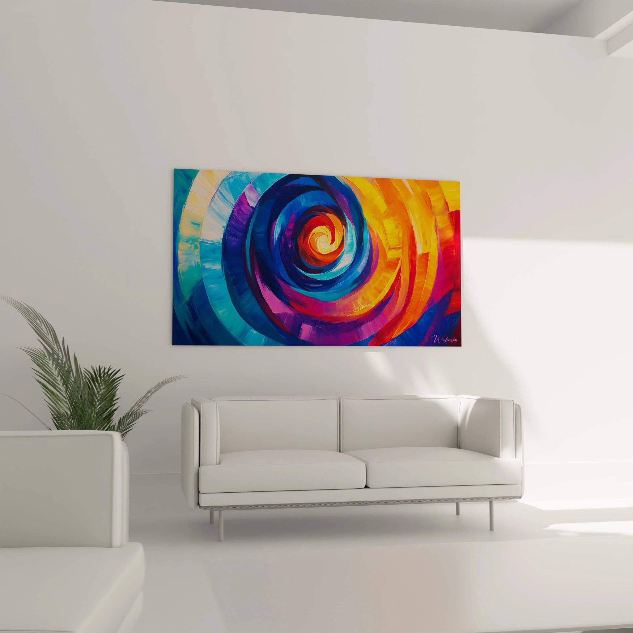 Un tableau abstrait spirale aux couleurs contrastées organisées en cercles concentriques. Le centre lumineux est entouré d'anneaux bleus, violets et orange qui s'étendent vers l'extérieur avec des coups de pinceau énergiques créant une sensation de rotation.
