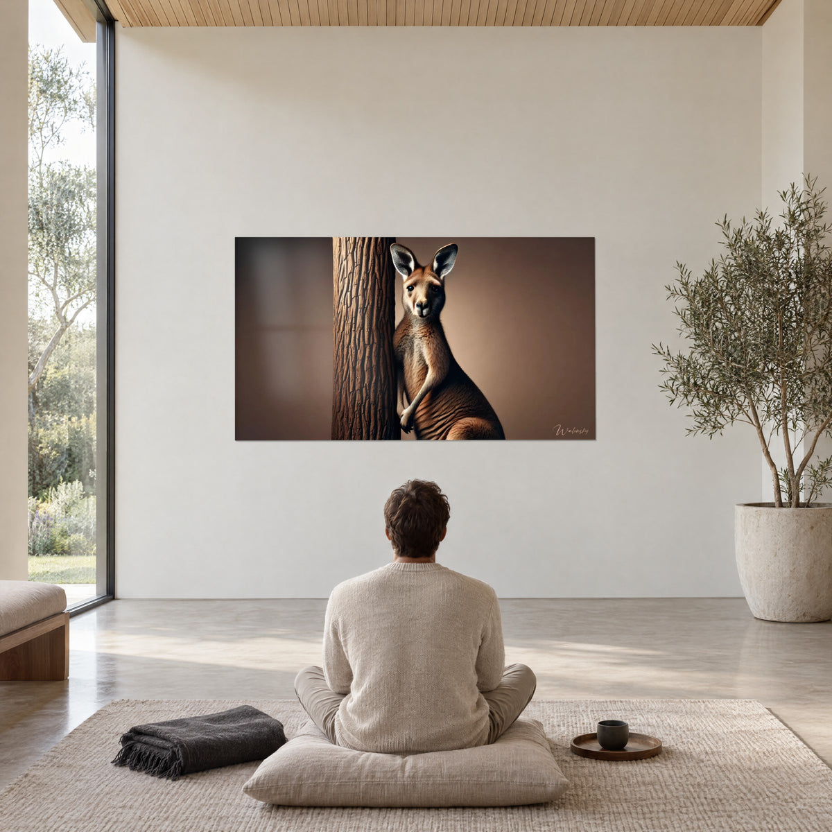 Schilderij portret van een Australisch dier met rechtopstaande oren, rood en beige vacht, bruine stam, tegenover een man zittend op een kussen