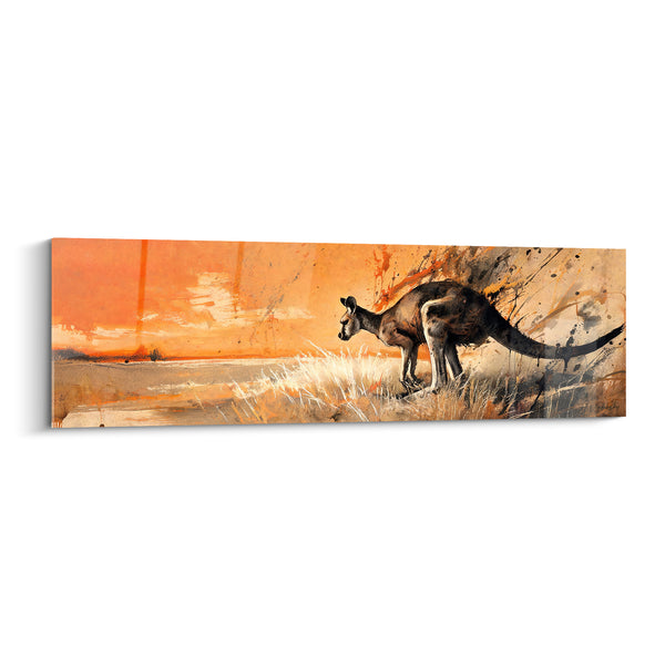 Tableau Kangourou brun et orange penché vers l'horizon - Herbes sèches dorées - Edition Kangourou