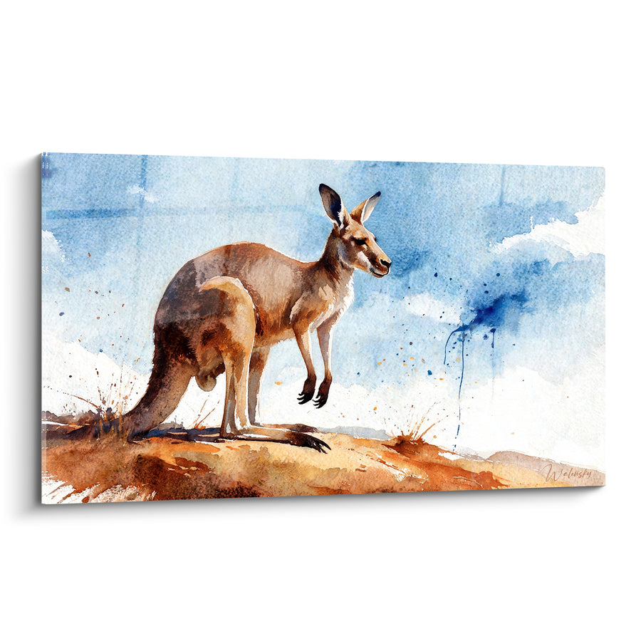 Tableau Kangourou fauve et bleu sur une butte ocre - Vigie de la savane - Edition Kangourou