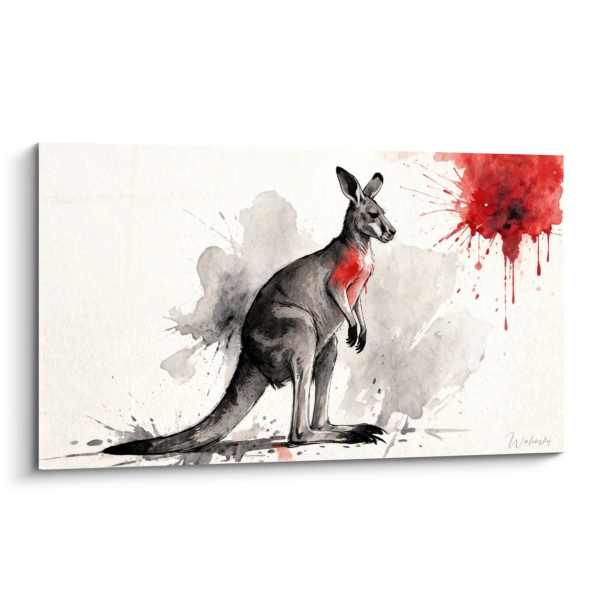 Kangourou gris anthracite au poitrail rouge écarlate, peint à l'aquarelle sur fond ivoire éclaboussé