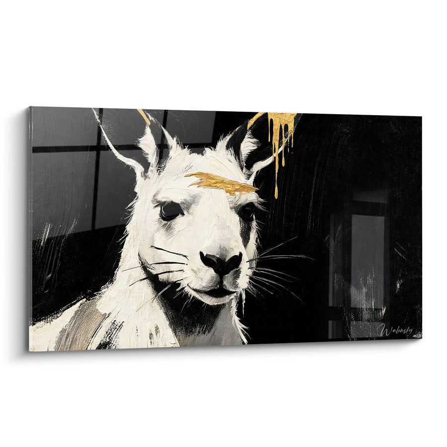Tableau Kangourou blanc et noir aux longues moustaches - Coulure dorée frontale - Edition Kangourou
