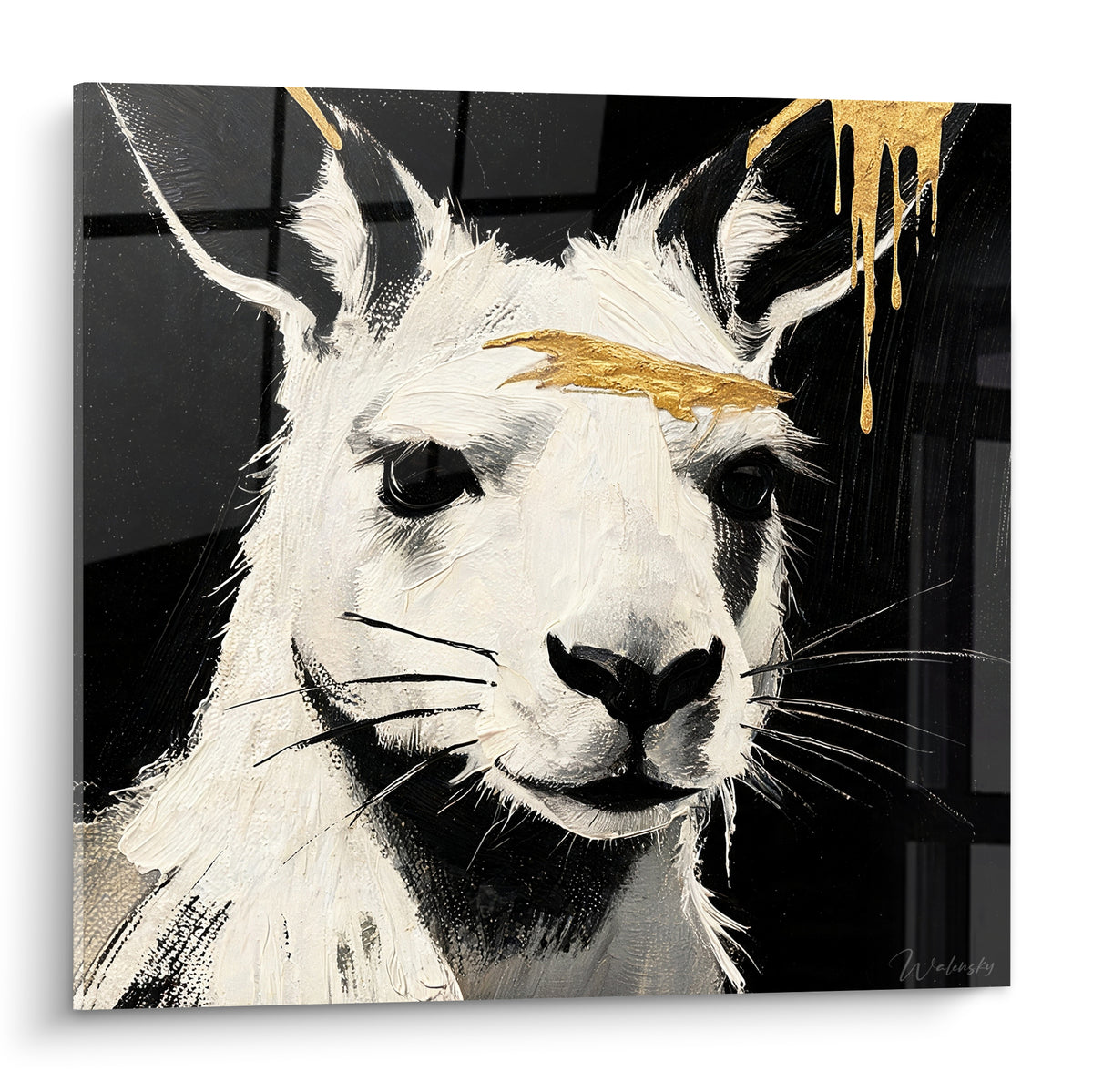 Kangourou blanc au museau noir, coulures dorées sur fond anthracite, portrait texturé