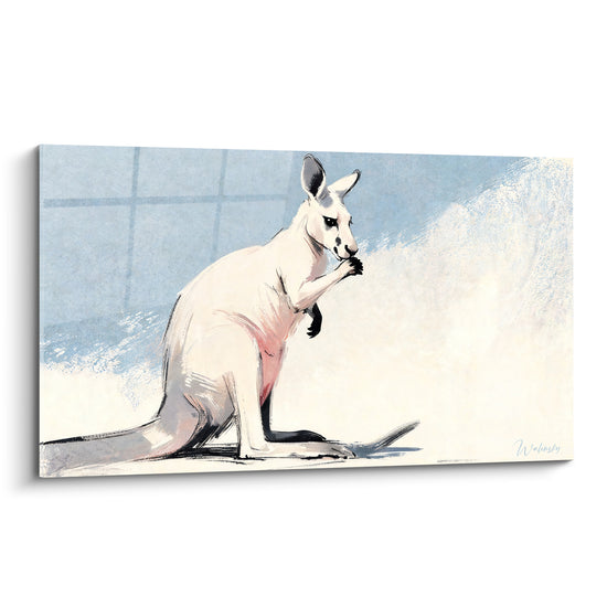 Tableau Kangourou blanc et bleu pattes noires assis - Grattage délicat du museau - Edition Kangourou