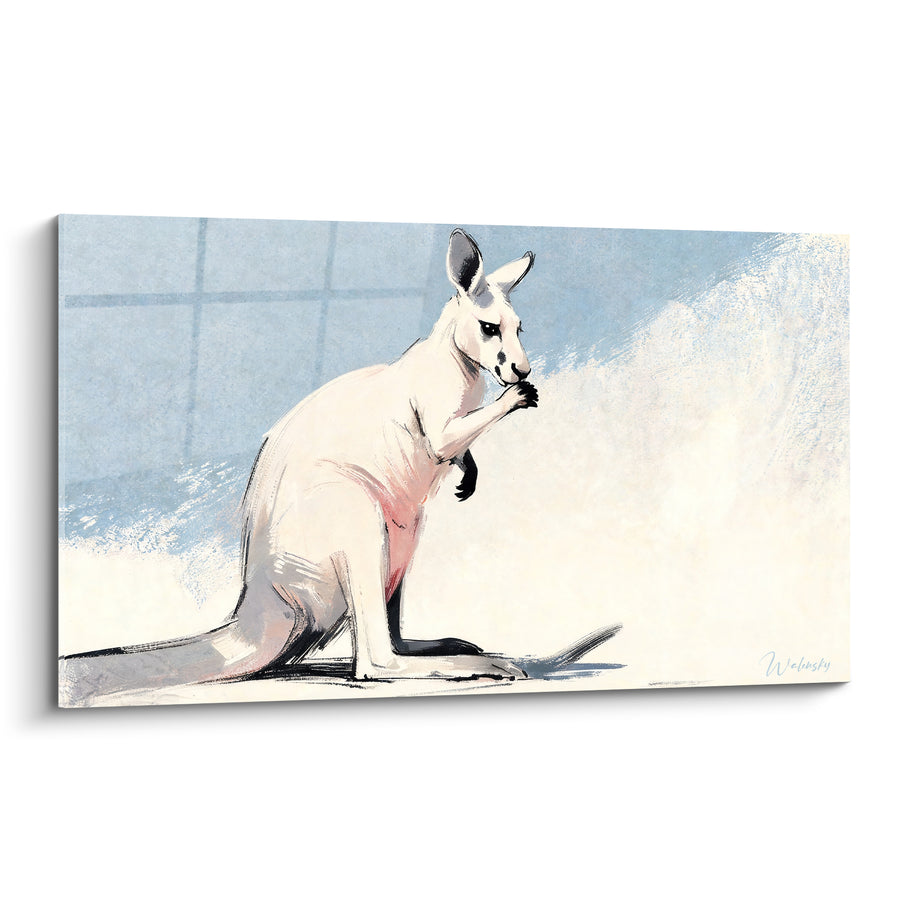 Tableau Kangourou blanc et bleu pattes noires assis - Grattage délicat du museau - Edition Kangourou
