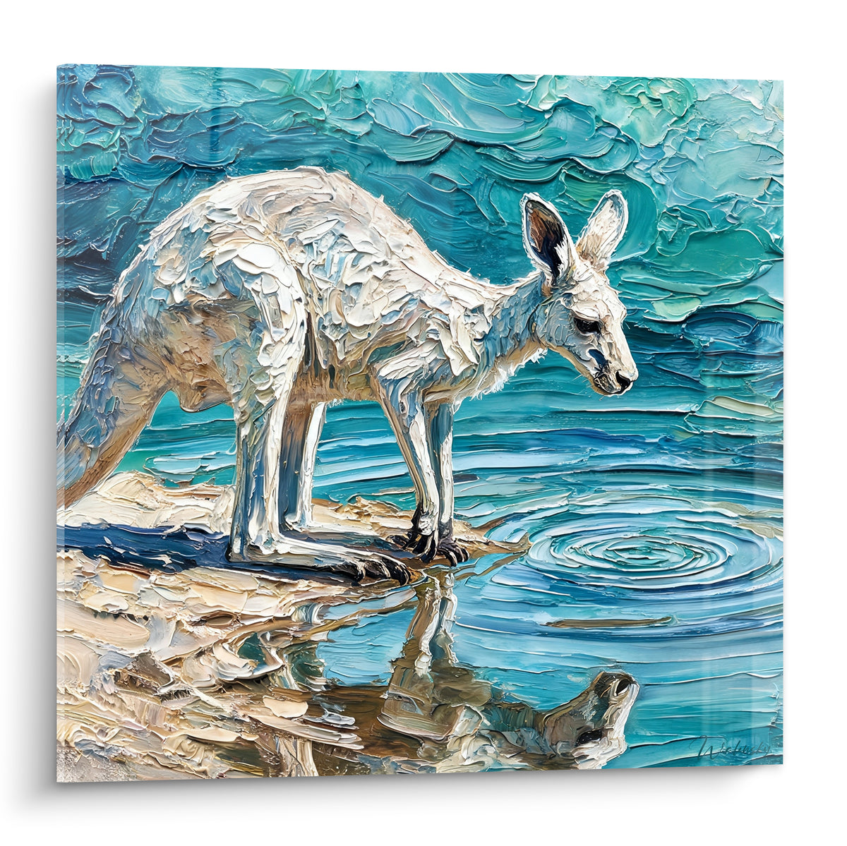 Kangourou blanc crème penché vers une mare turquoise, texture empâtée et reflet précis sur l'eau