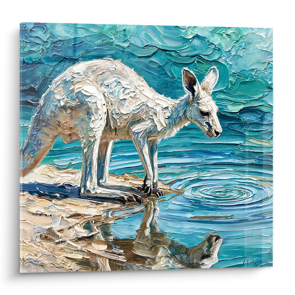 Tableau Kangourou blanc penché près d'une mare turquoise - Reflet silencieux - Edition Kangourou