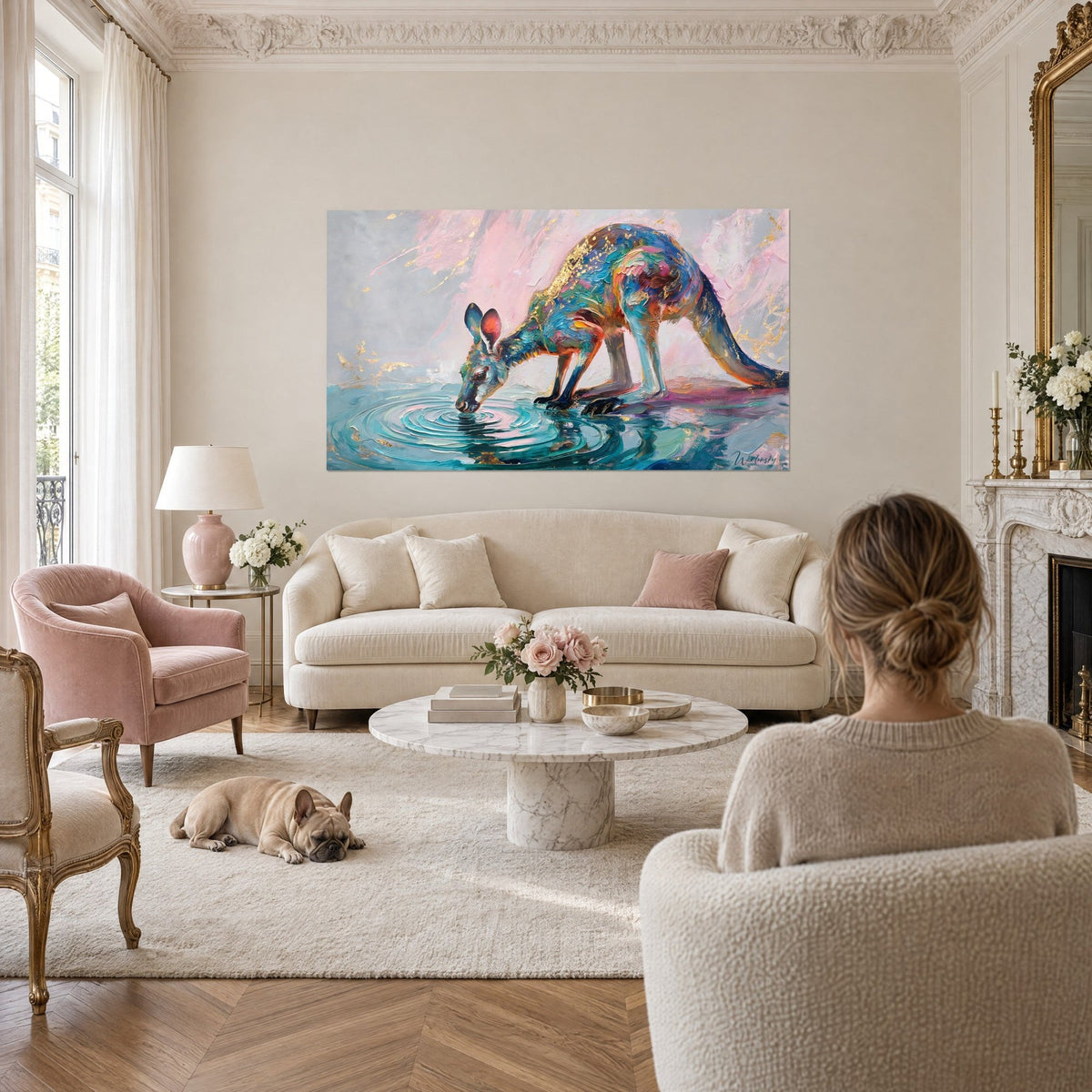 Tableau kangourou bleu et rose buvant dans un point d'eau doré, femme de dos et bulldog au-dessus d'un canapé dans un salon lumineux