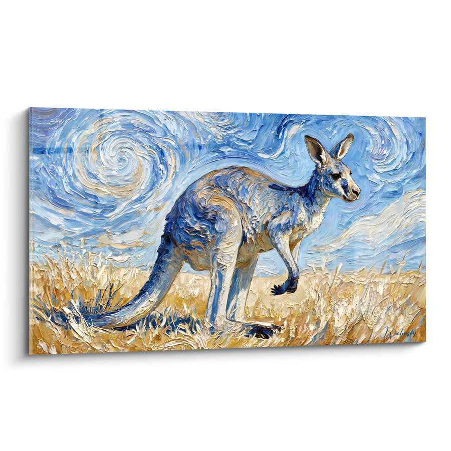 Tableau Kangourou bleu et beige au ciel tourbillonnant - Herbes sèches dorées - Edition Kangourou