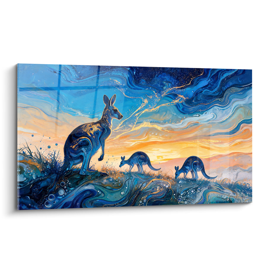 Tableau Kangourou bleu et doré près de bulles d'écume - Trio sur la colline - Edition Kangourou