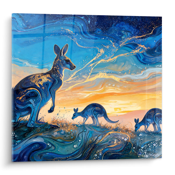 Tableau Kangourou bleu et doré au ciel tourbillonnant - Famille au crépuscule doré - Edition Kangourou