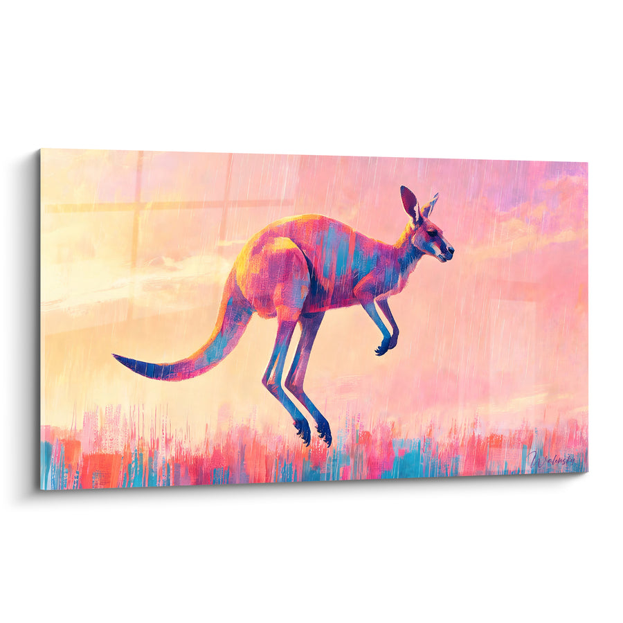 Tableau Kangourou rose et turquoise sous une pluie fine - Averse colorée - Edition Kangourou