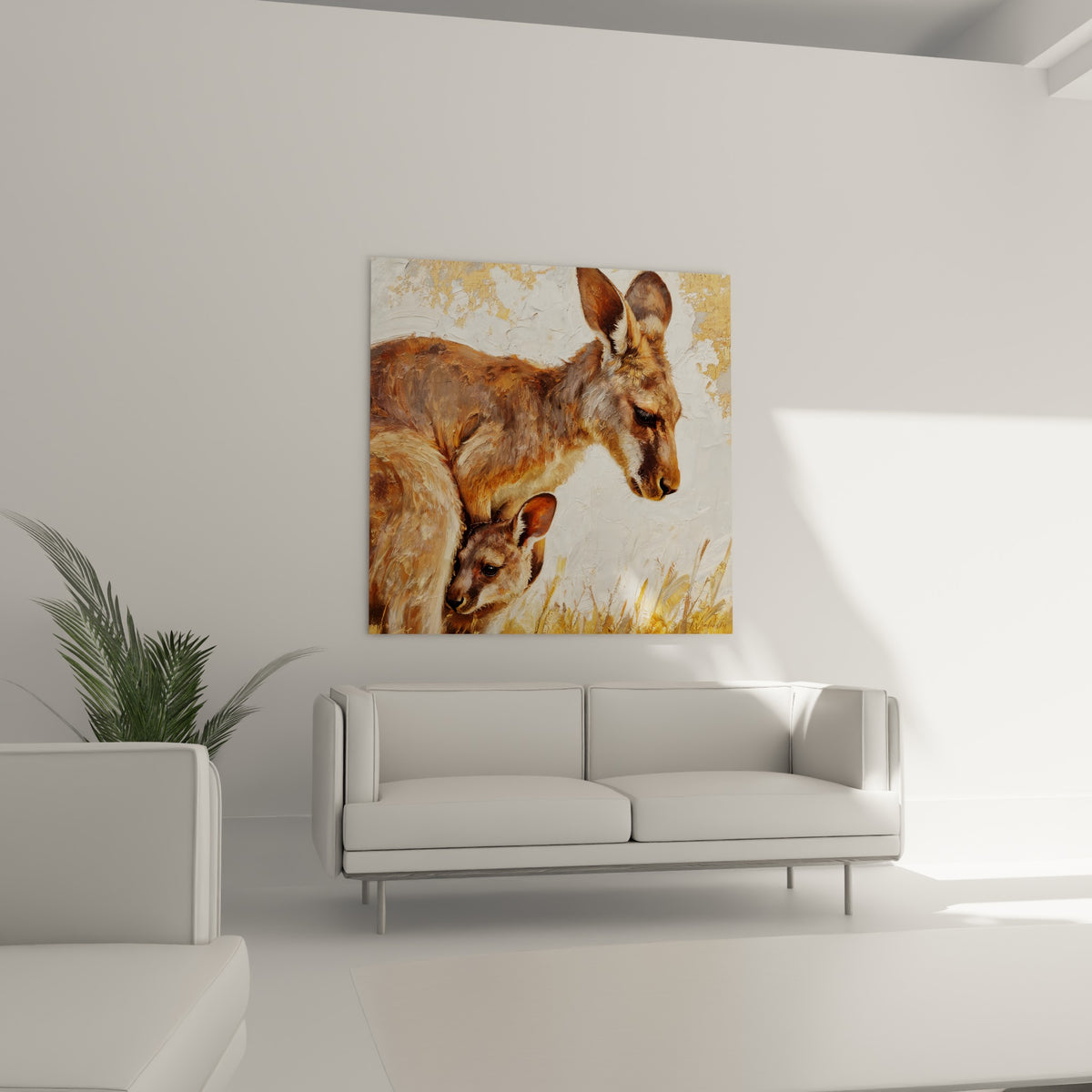 Tendresse animale entre deux kangourous fauve et brun, au-dessus d'un canapé dans un salon lumineux