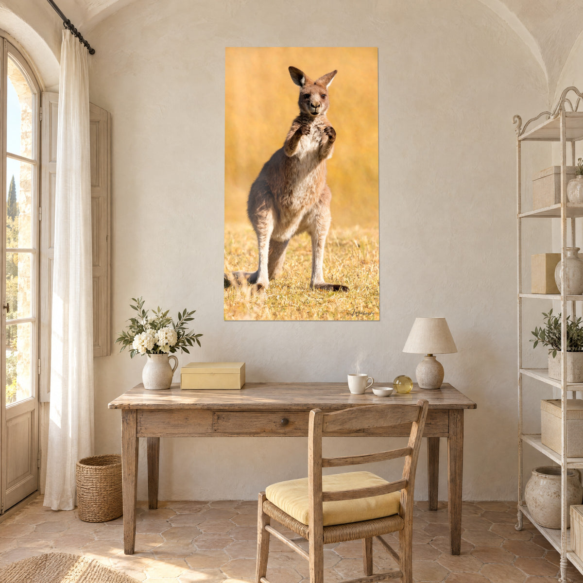 Wall art brown kangaroo with big ears and a pale belly, golden meadow, above a rustic wooden desk
