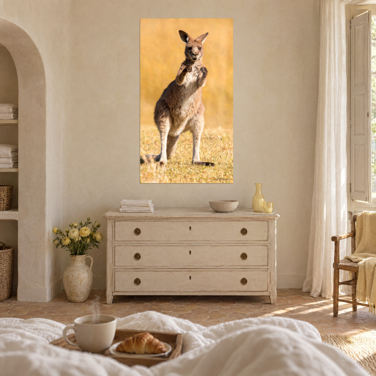 Wall art curious wallaby, red and cream fur, black muzzle, honey-yellow wheat field background, above a bed in a bright bedroom