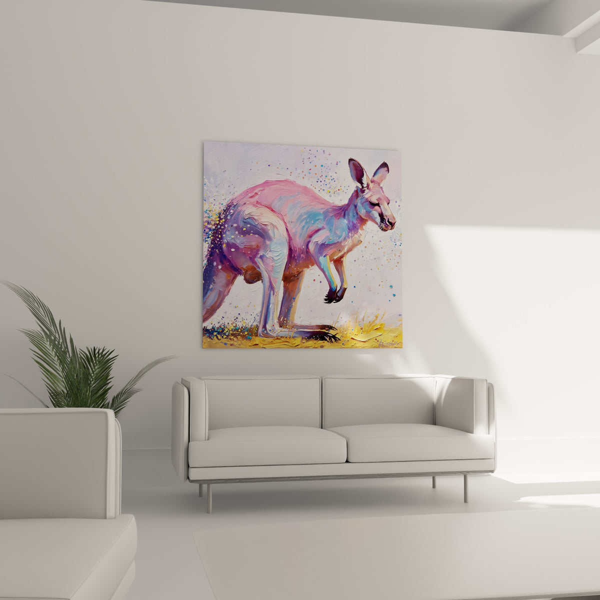 Silhouette du kangourou bleu et rose sur fond lumineux parsemé de points colorés, au-dessus d'un canapé dans un salon lumineux