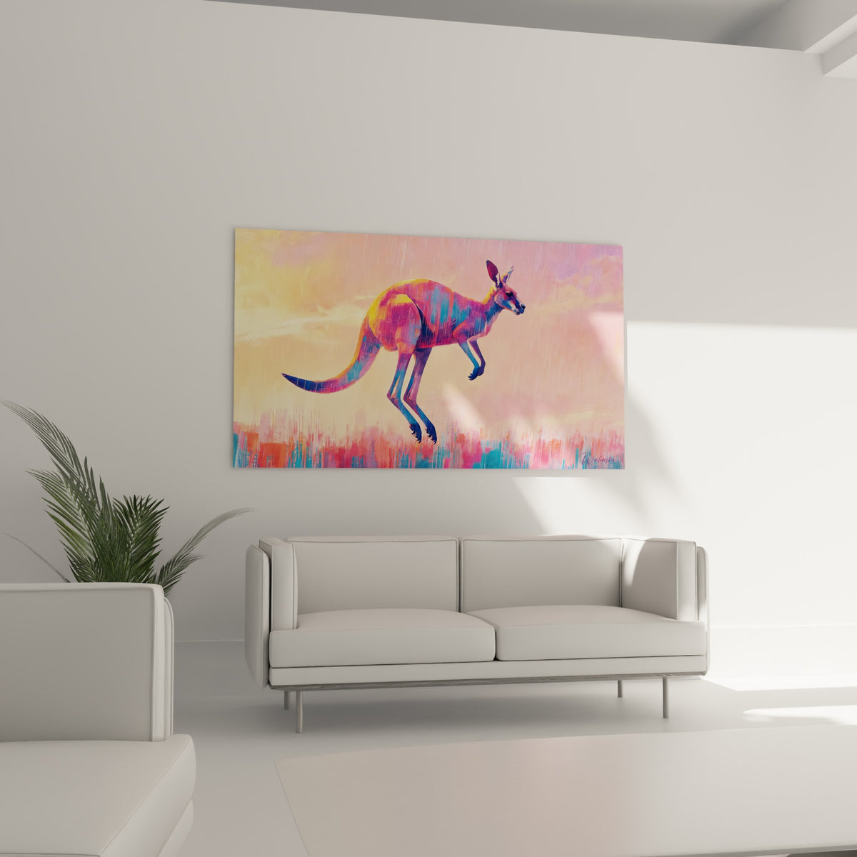 Bond du kangourou rose et corail capturé en mouvement, au-dessus d'un canapé dans un salon lumineux
