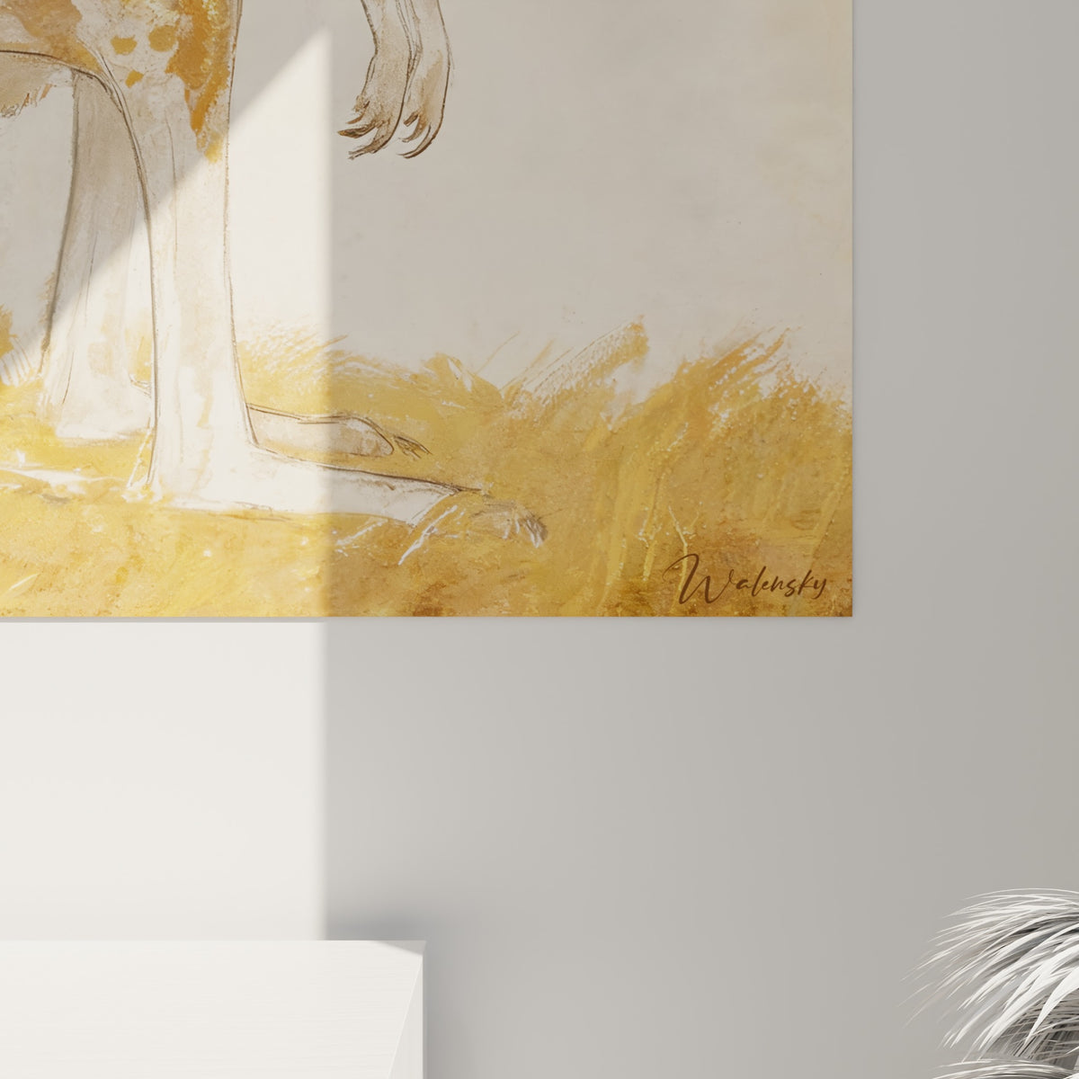 Détail rapproché du pelage doré et des empâtements ocre du kangourou peint sur toile texturée