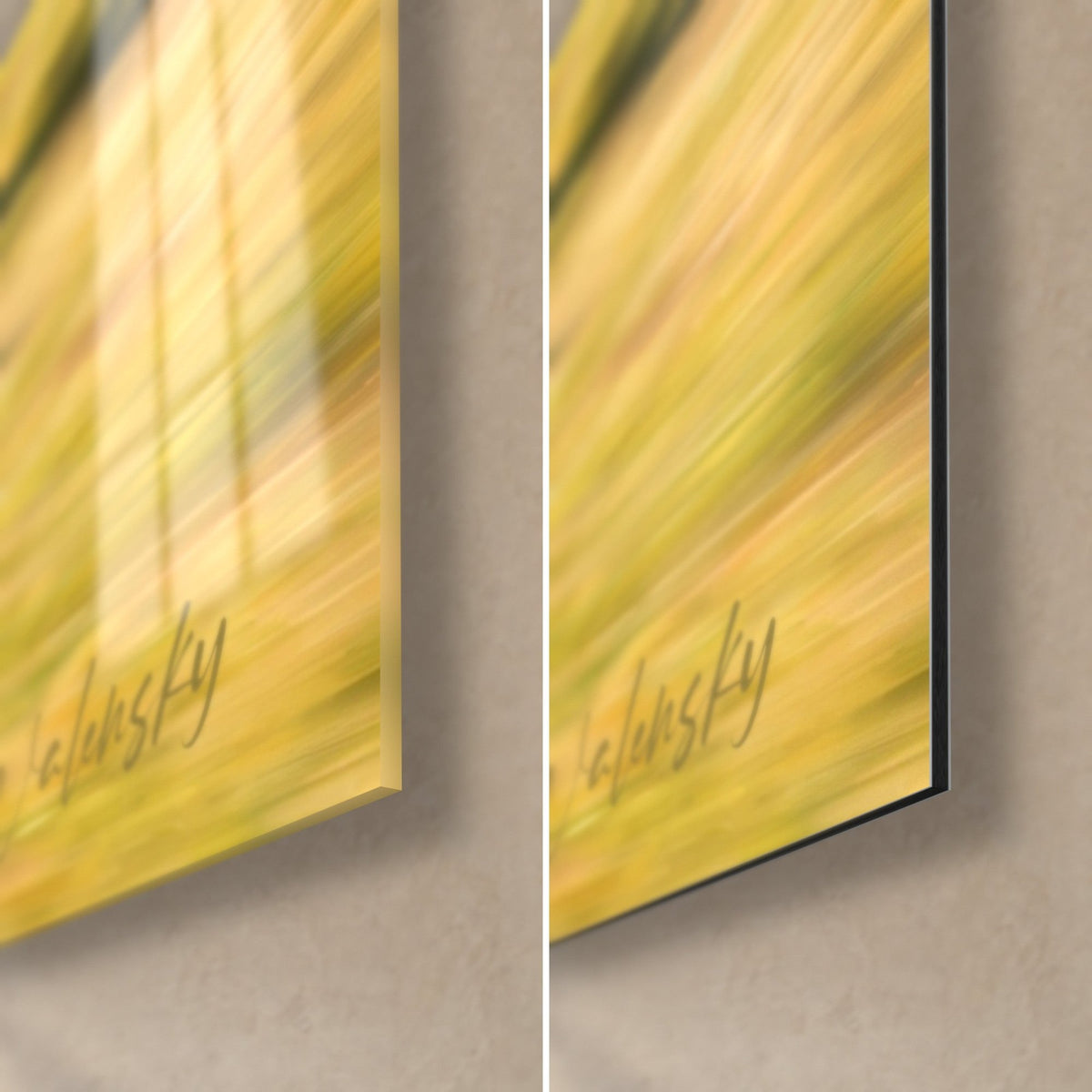 Tableau kangourou roux, coin bas droit : verre acrylique brillant aux reflets à gauche, alu Dibond noir mat à droite, tranche de 3 mm